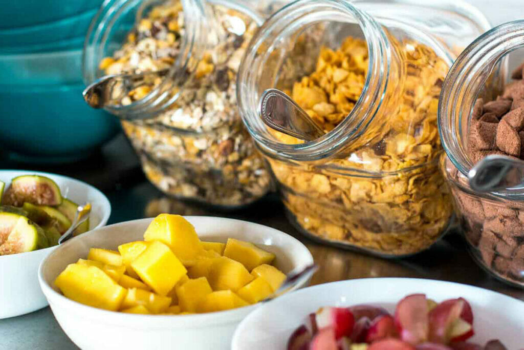 Buffet with fruit and cereals at the camp in Ericeira