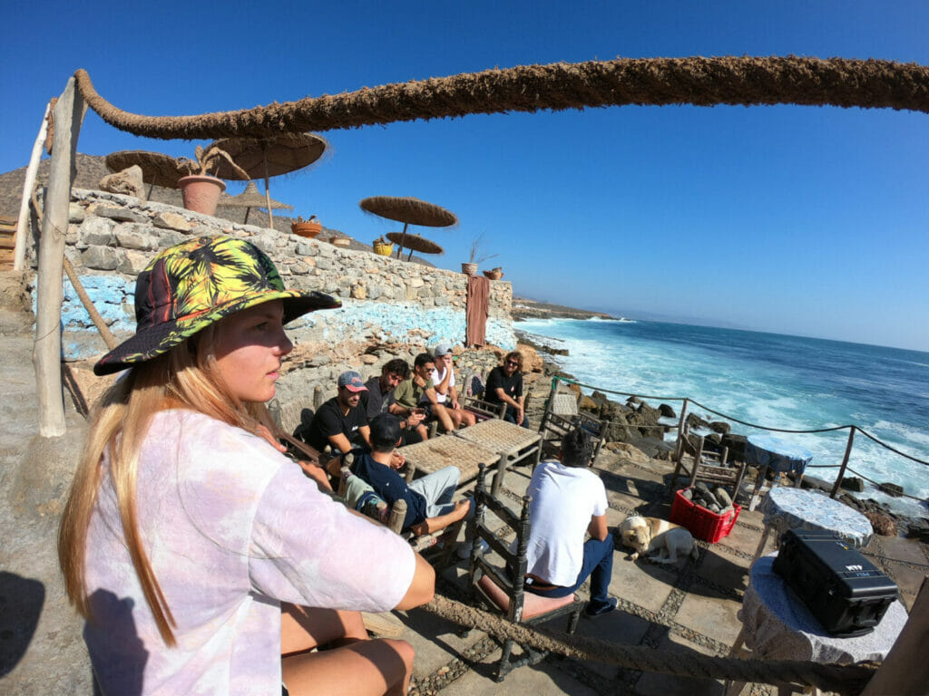 Group in a cafe on the beach in Morocco